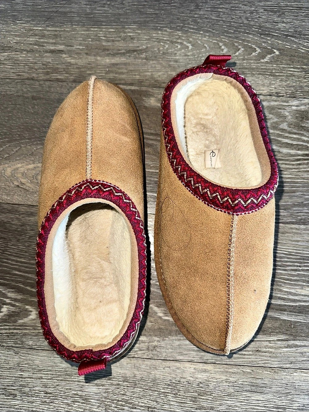 Shearling-Lined Slippers in Brown & Red Like New